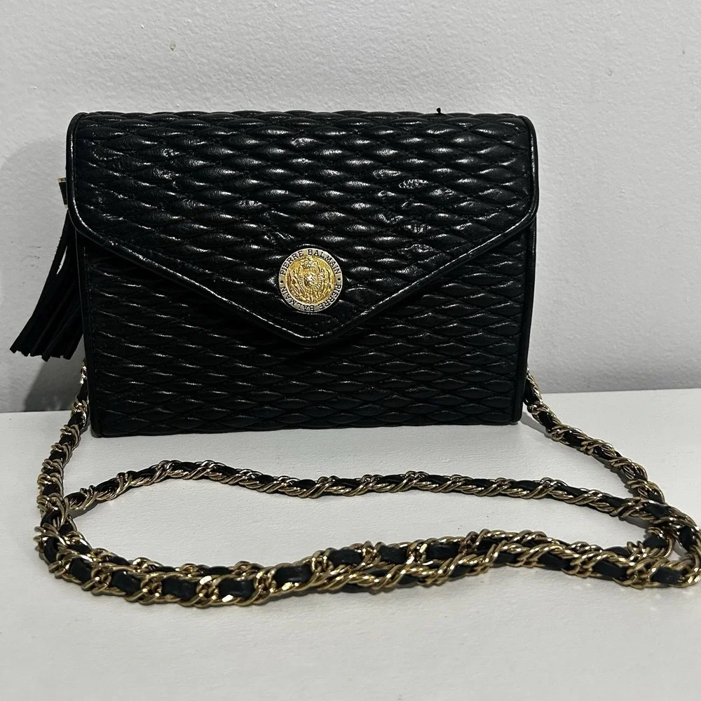 Vintage French Evening bag Pierre Balmain Black Leather Quilted Gold Strap Purse